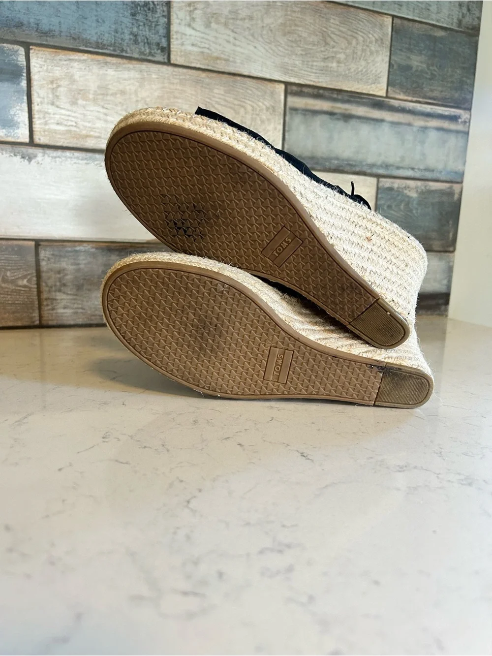 TOMS Monica Black Suede Leather Wedge Espadrille Sandals
